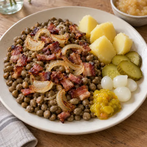 Kapucijners met spekjes, gebakken uien, aardappelen, augurk en piccalilly