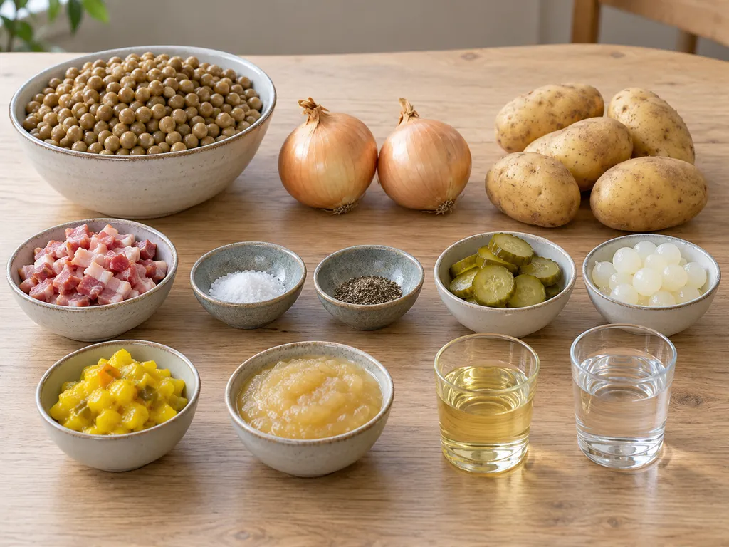 Kapucijners, spek, uien, aardappelen en vier soorten garnituur apart klaargezet
