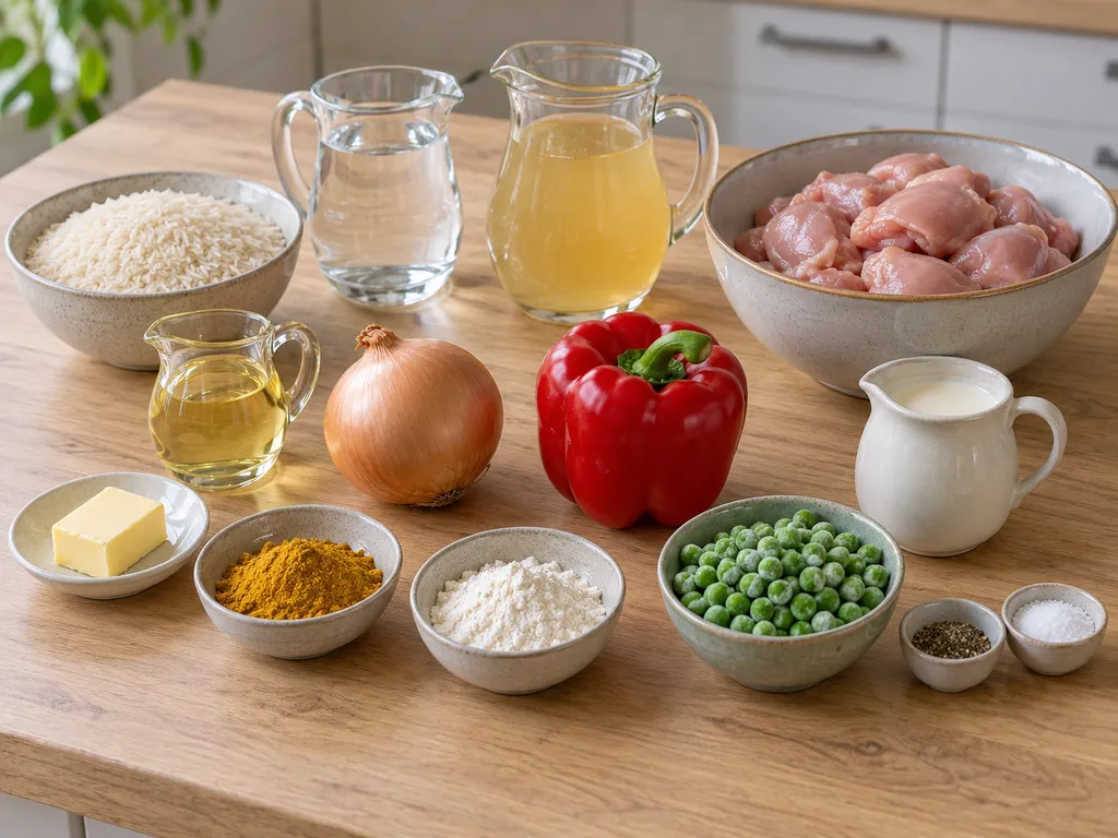 Rijst, kipdij, kerrie, paprika, doperwten en ingrediënten voor de romige saus