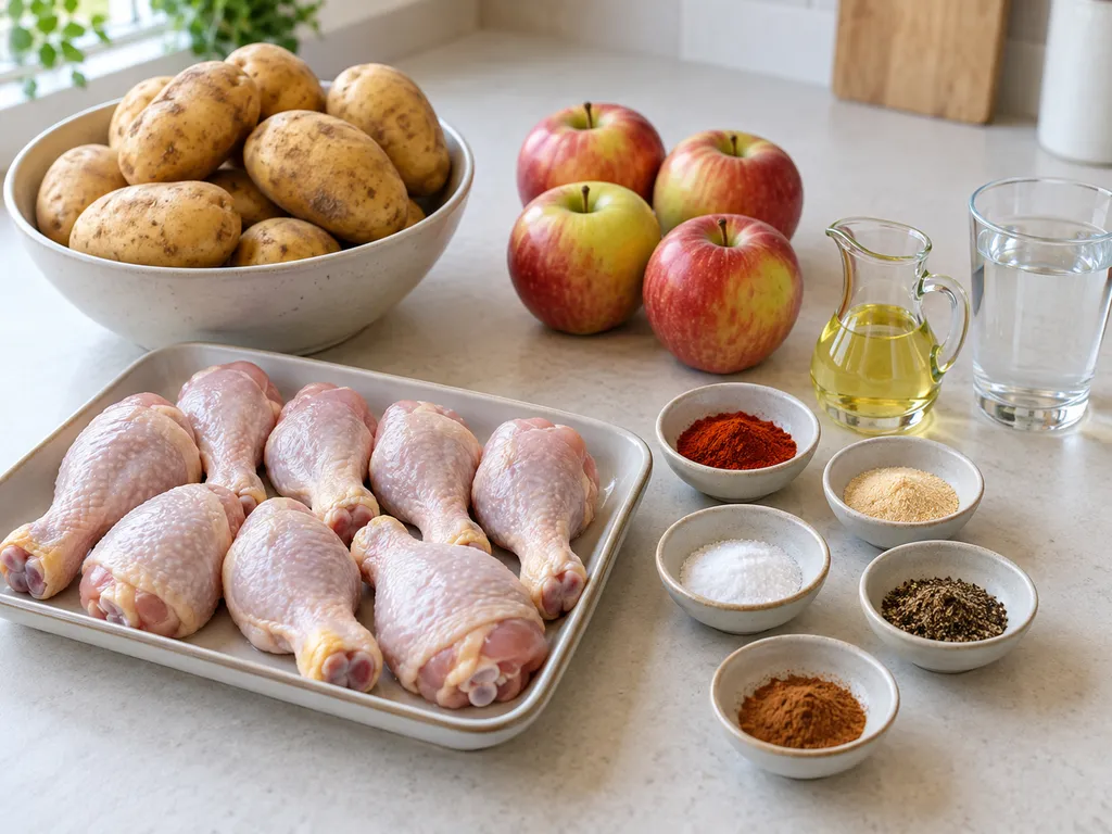Drumsticks, aardappelen, appels, olie en losse kruiden voor kip met friet en appelmoes