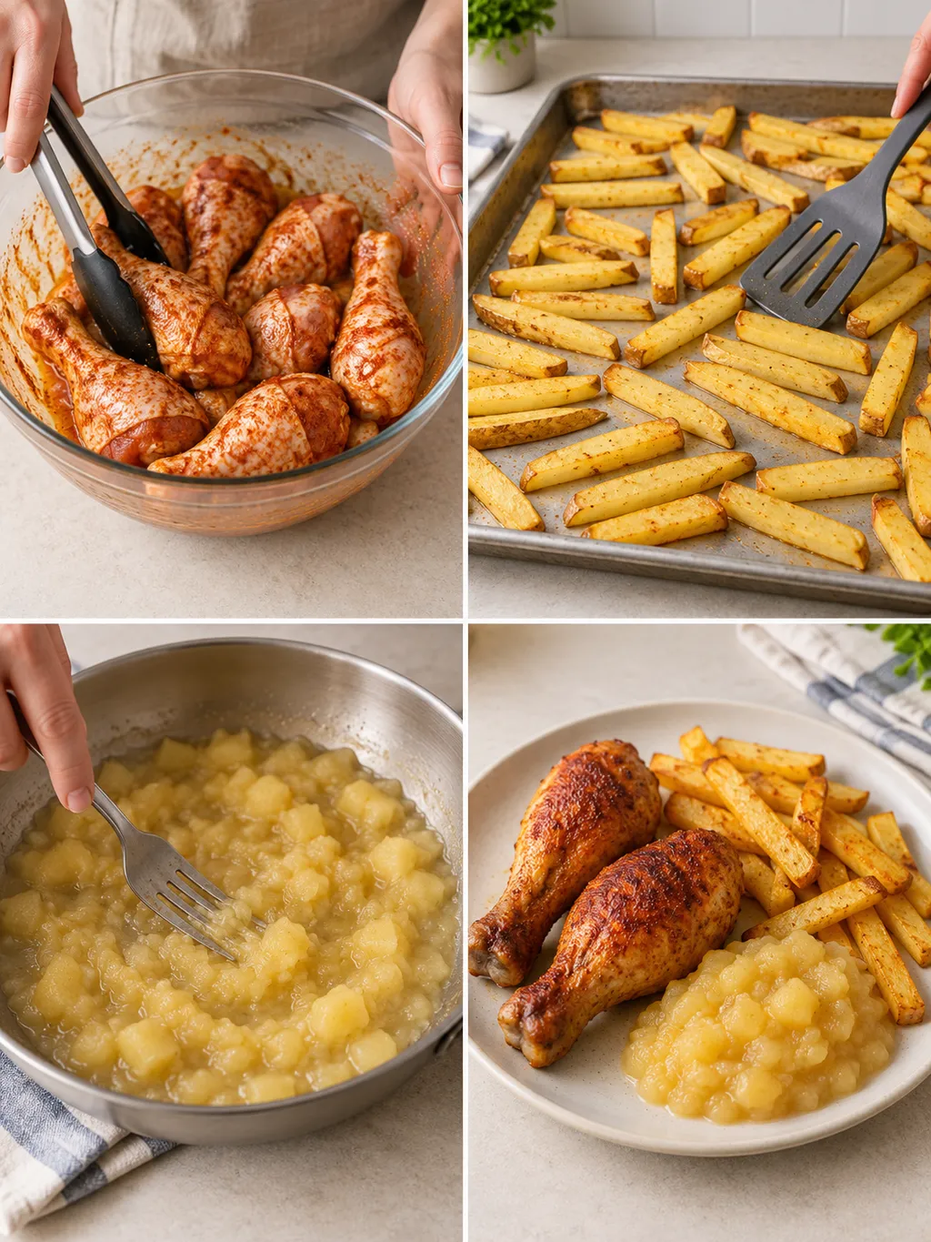 Kip kruiden, frietjes verdelen, appelmoes prakken en de complete maaltijd serveren