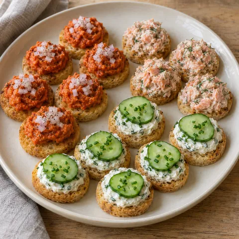 Verjaardagstoastjes met filet americain, zalmsalade en roomkaas met komkommer
