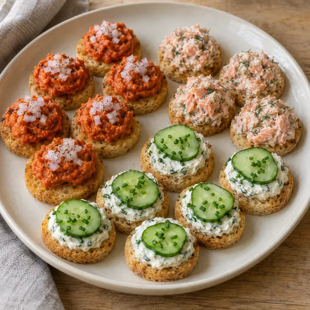 Verjaardagstoastjes met filet americain, zalmsalade en roomkaas met komkommer