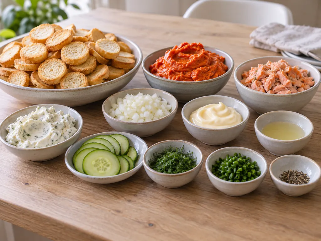Toastjes en apart beleg met zalm, filet americain, roomkaas, komkommer en kruiden