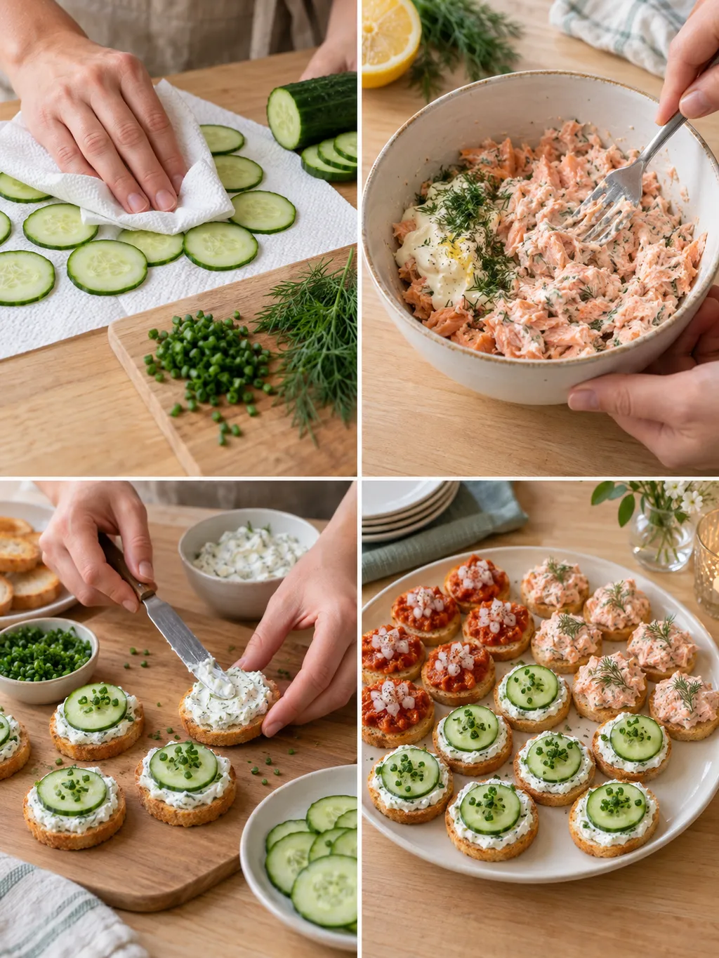 Komkommer drogen, zalmsalade mengen, toastjes beleggen en de afgewerkte schaal