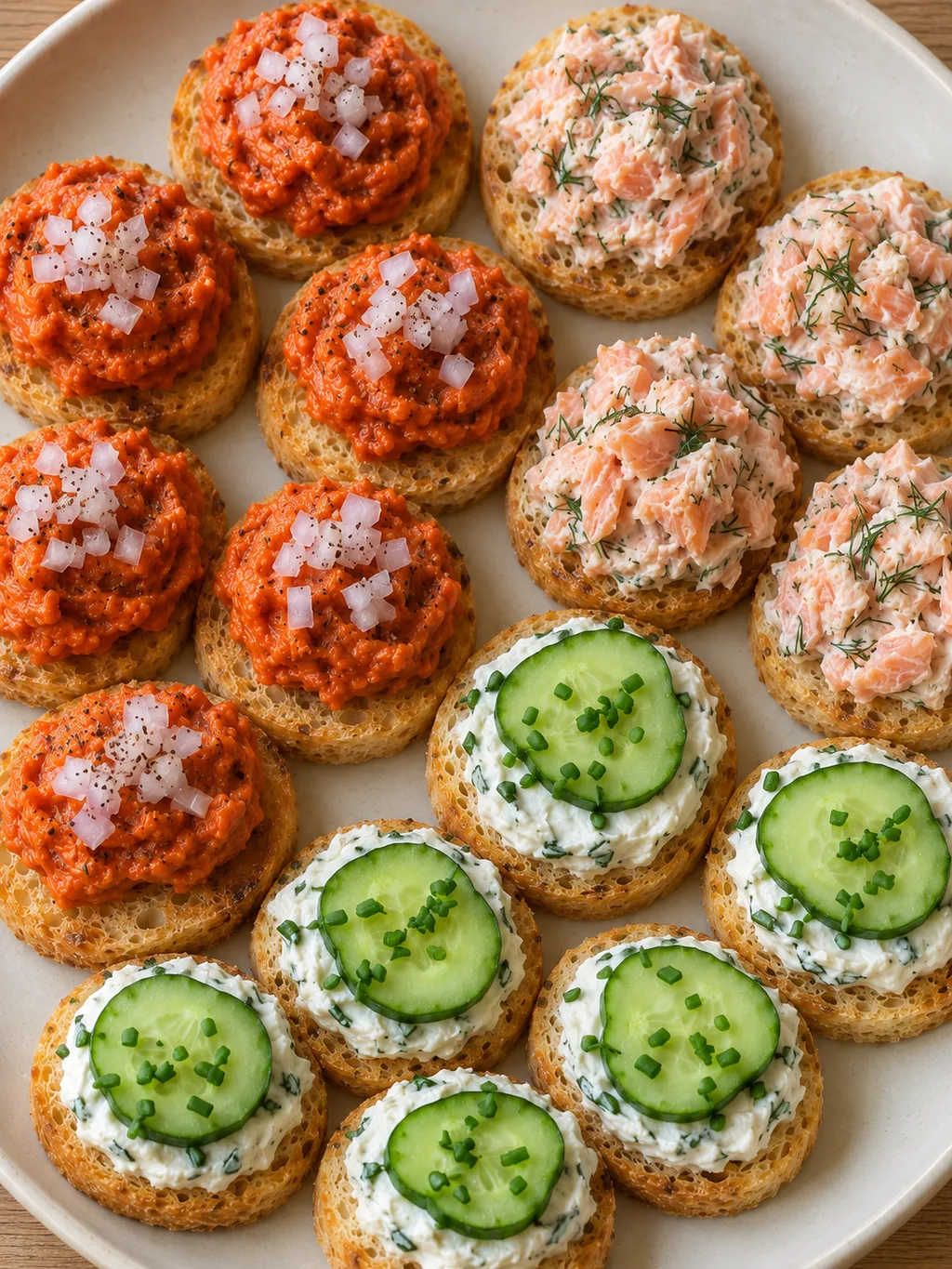 Schaal krokante toastjes met drie soorten beleg en verse groene kruiden