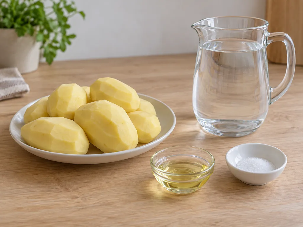 Geschilde aardappelen, koud water, zonnebloemolie en fijn zout voor airfryerpatat