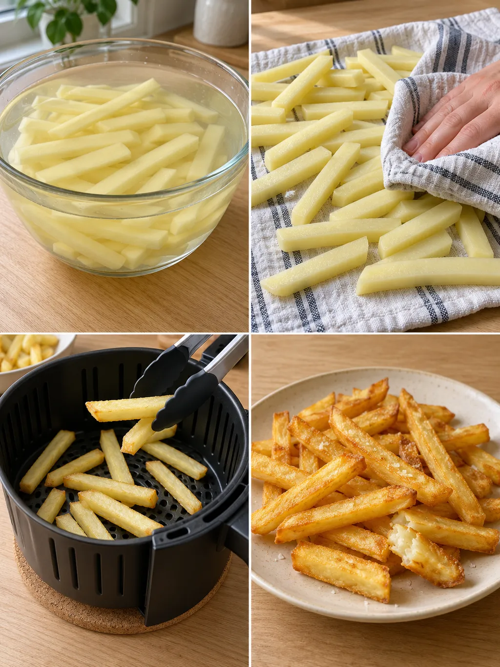 Aardappelstaafjes weken, drogen en bakken met goudgele patat als eindresultaat