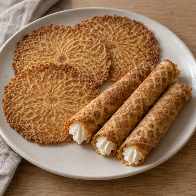 Goudbruine kniepertjes en nieuwjaarsrolletjes met slagroom op een wit bord