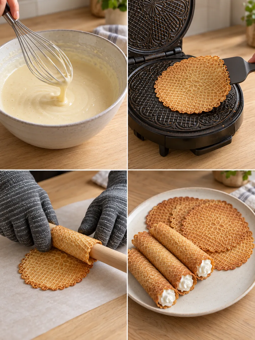 Beslag mengen, wafeltjes bakken en oprollen, gevolgd door kniepertjes en gevulde rolletjes