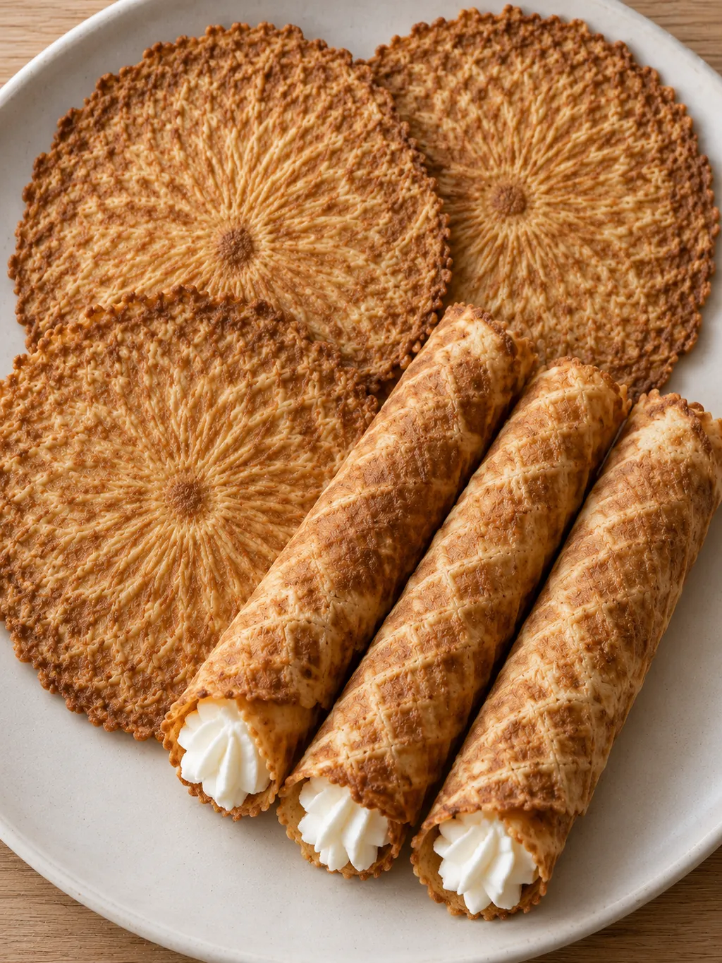Knapperige kniepertjes naast goudbruine nieuwjaarsrolletjes gevuld met witte slagroom