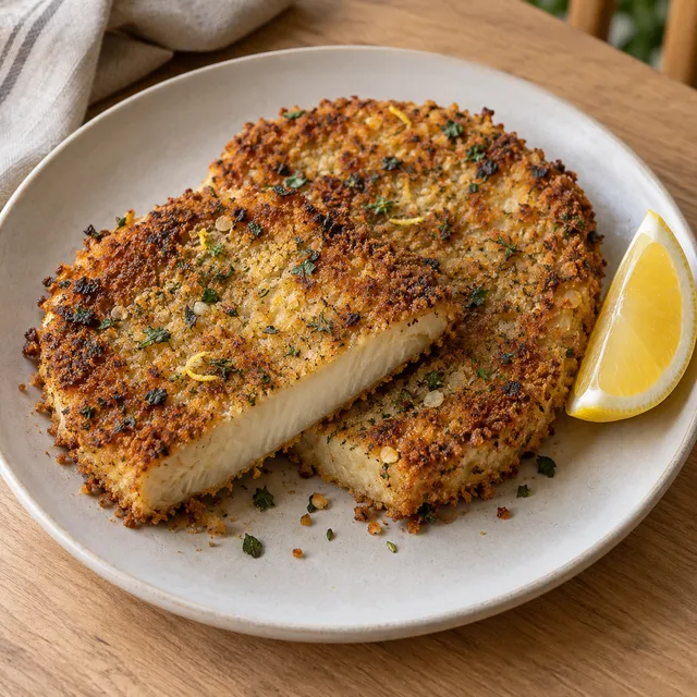 Knolselderijschnitzels met goudbruine kruidenkorst en een citroenpartje