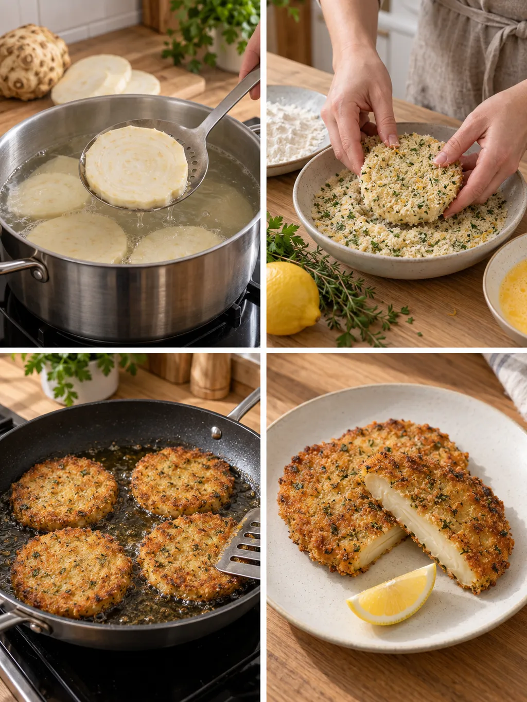 Knolselderij voorkoken, paneren en bakken tot schnitzels met kruidenkorst