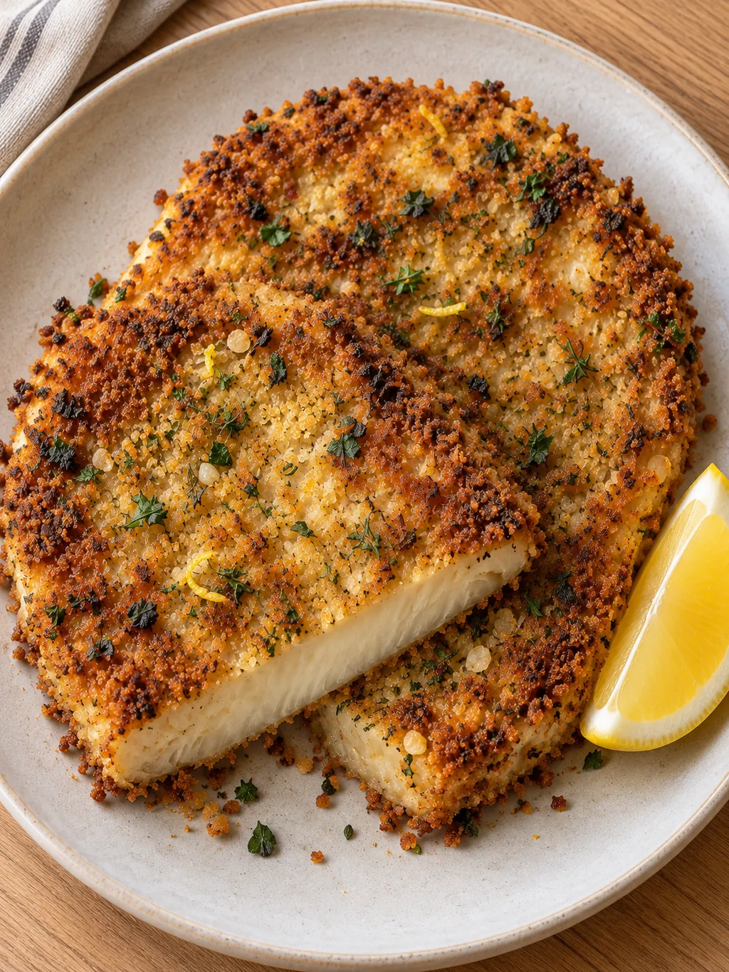 Krokante knolselderijschnitzels met peterselie, tijm en citroen