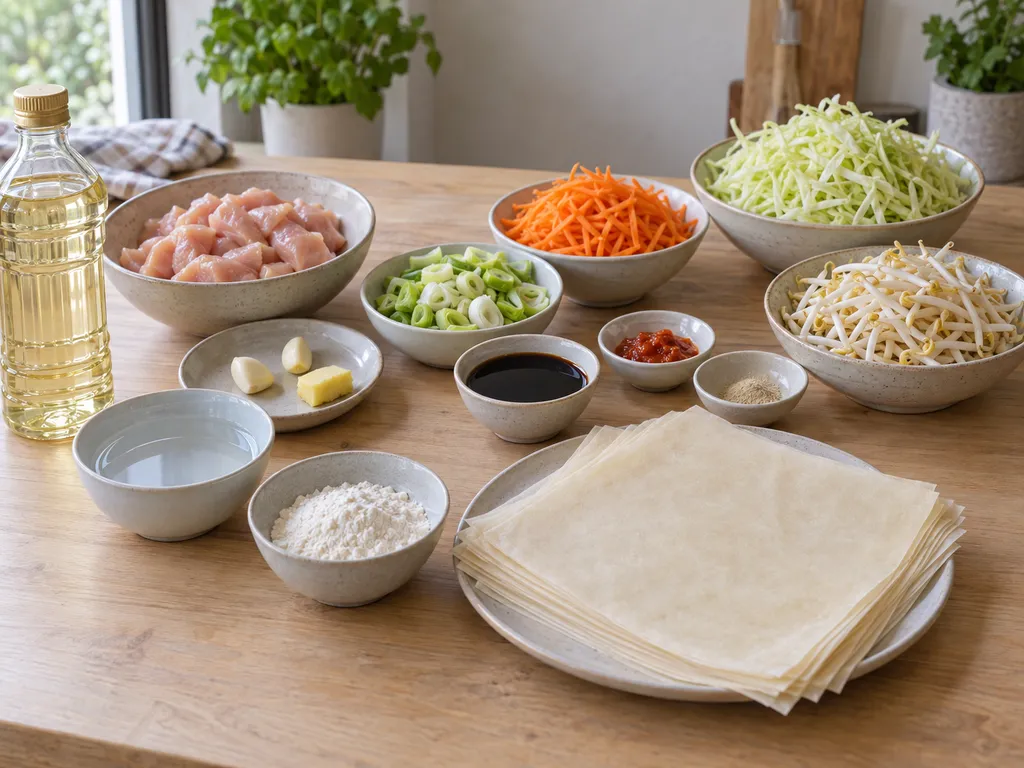 Kip, taugé, spitskool, loempiavellen en smaakmakers voor zelfgemaakte loempia's