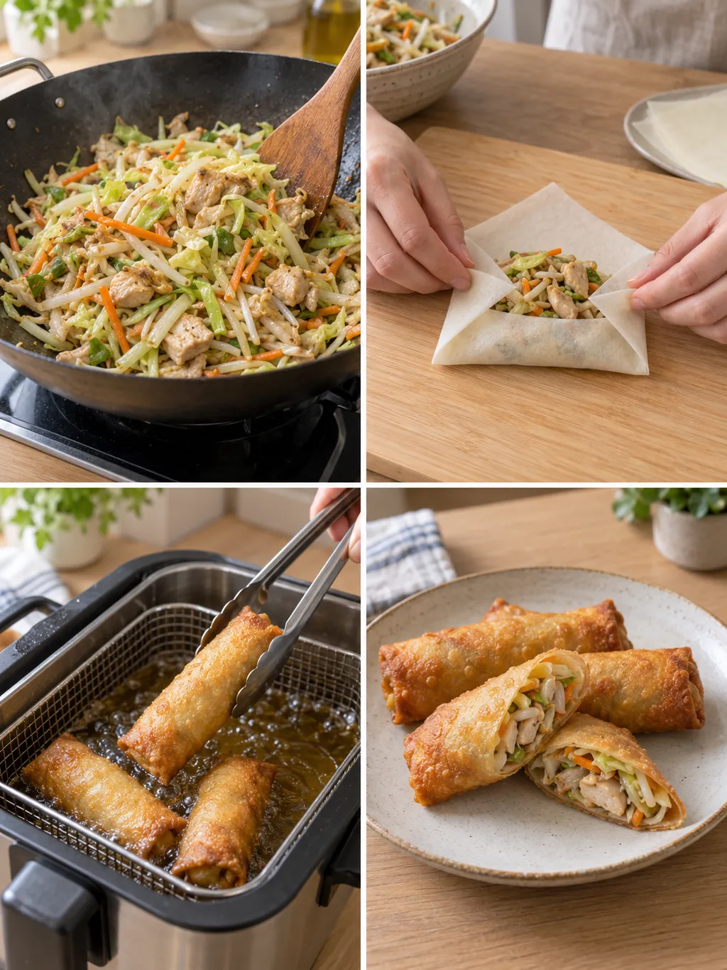 Loempiavulling bakken, vellen vouwen, loempia's frituren en goudbruin serveren