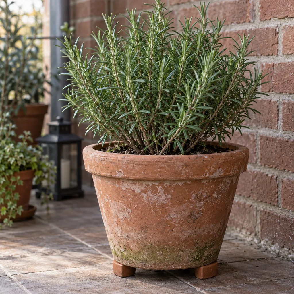Rozemarijn in een terracotta pot op potvoetjes bij een beschutte balkonmuur.