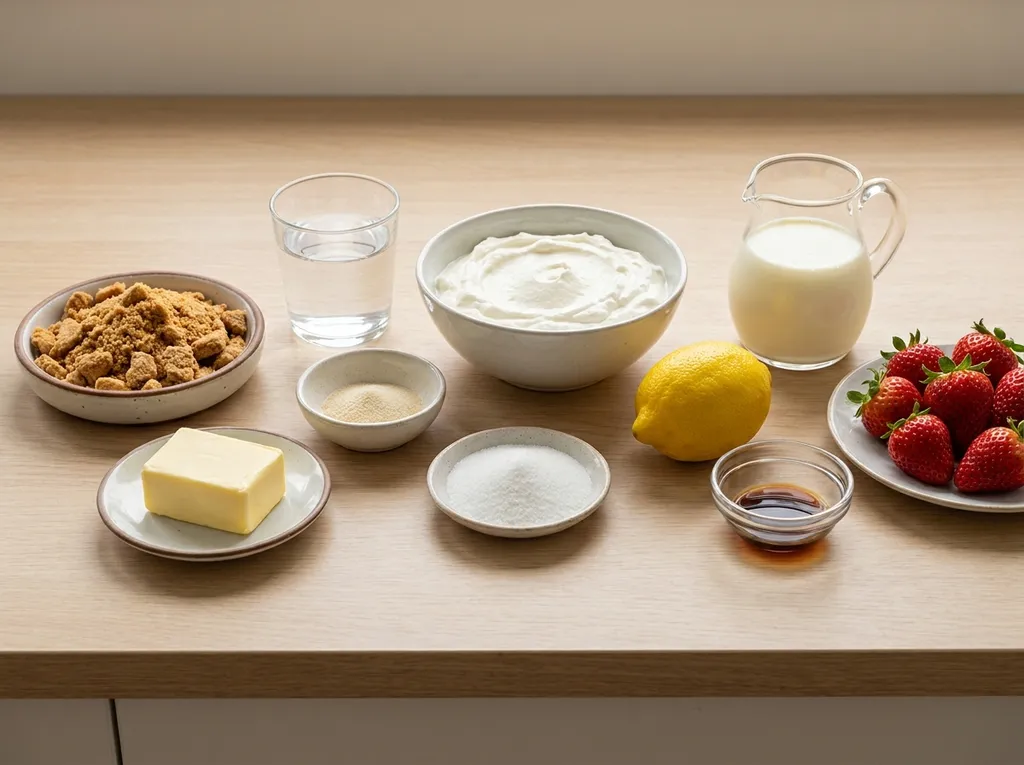 Biscuitjes, boter, kwark, slagroom, gelatine, citroen, suiker, vanille en aardbeien