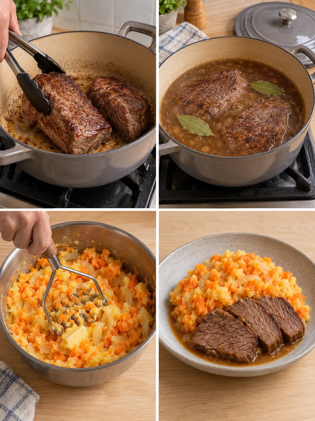 Klapstuk aanbakken en sudderen, hutspot stampen en het gerecht op een bord