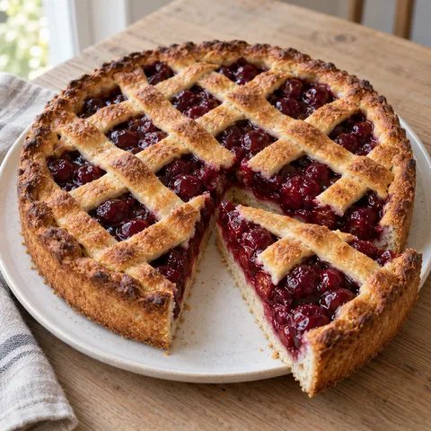 Kersenvlaai met goudbruin deegrooster en een punt met zichtbare fruitvulling