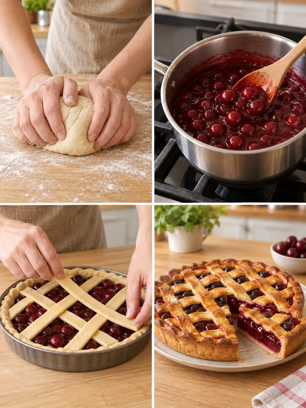 Deeg kneden, kersenvulling binden, deegrepen leggen en de gebakken kersenvlaai