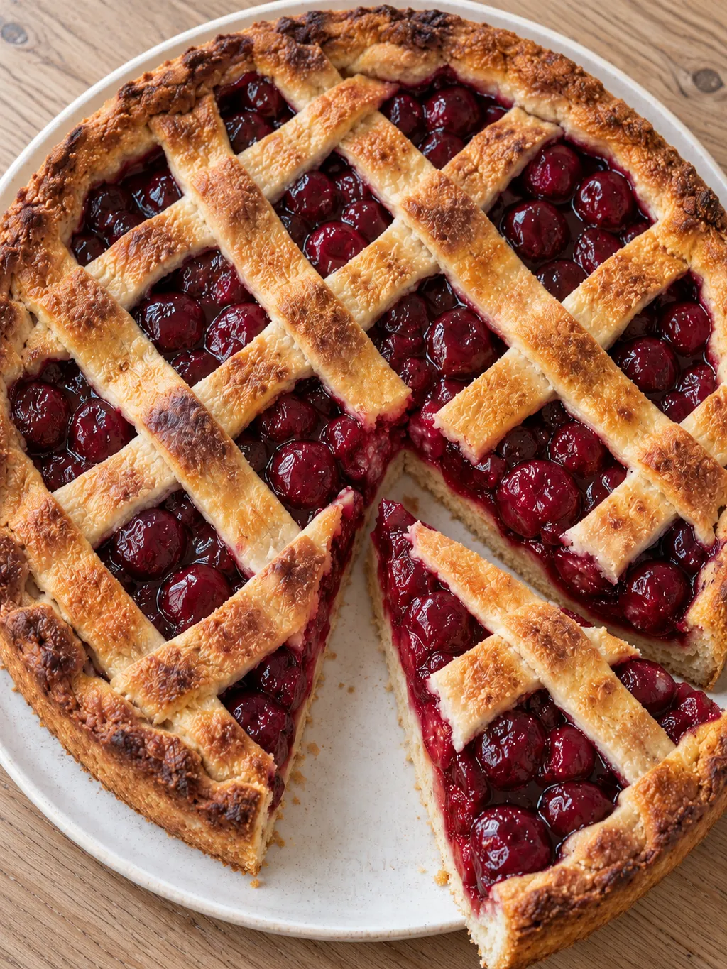 Kersenvlaai met donkerrode kersen tussen goudbruine deegrepen