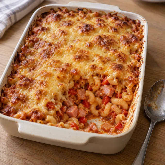 Macaroni met ham en paprika in tomatensaus onder een goudbruin kaaskorstje
