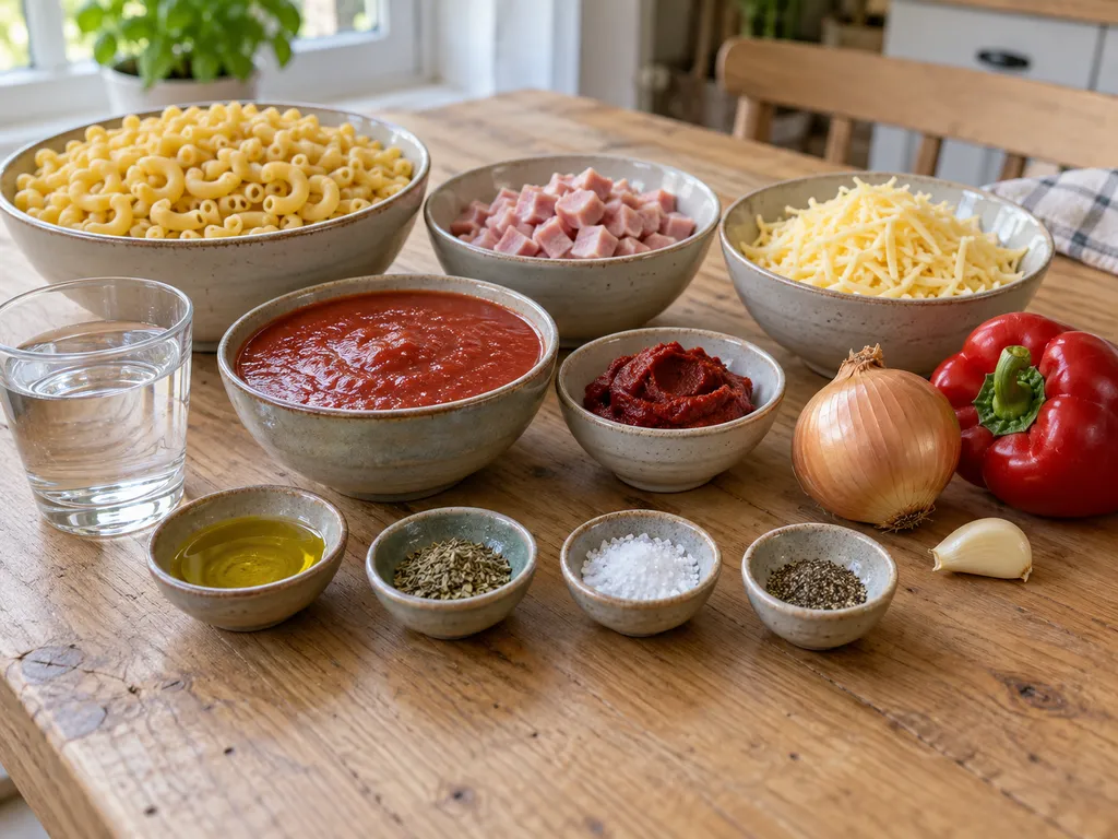 Macaroni, ham, kaas, paprika en tomatenproducten voor een ovenschotel