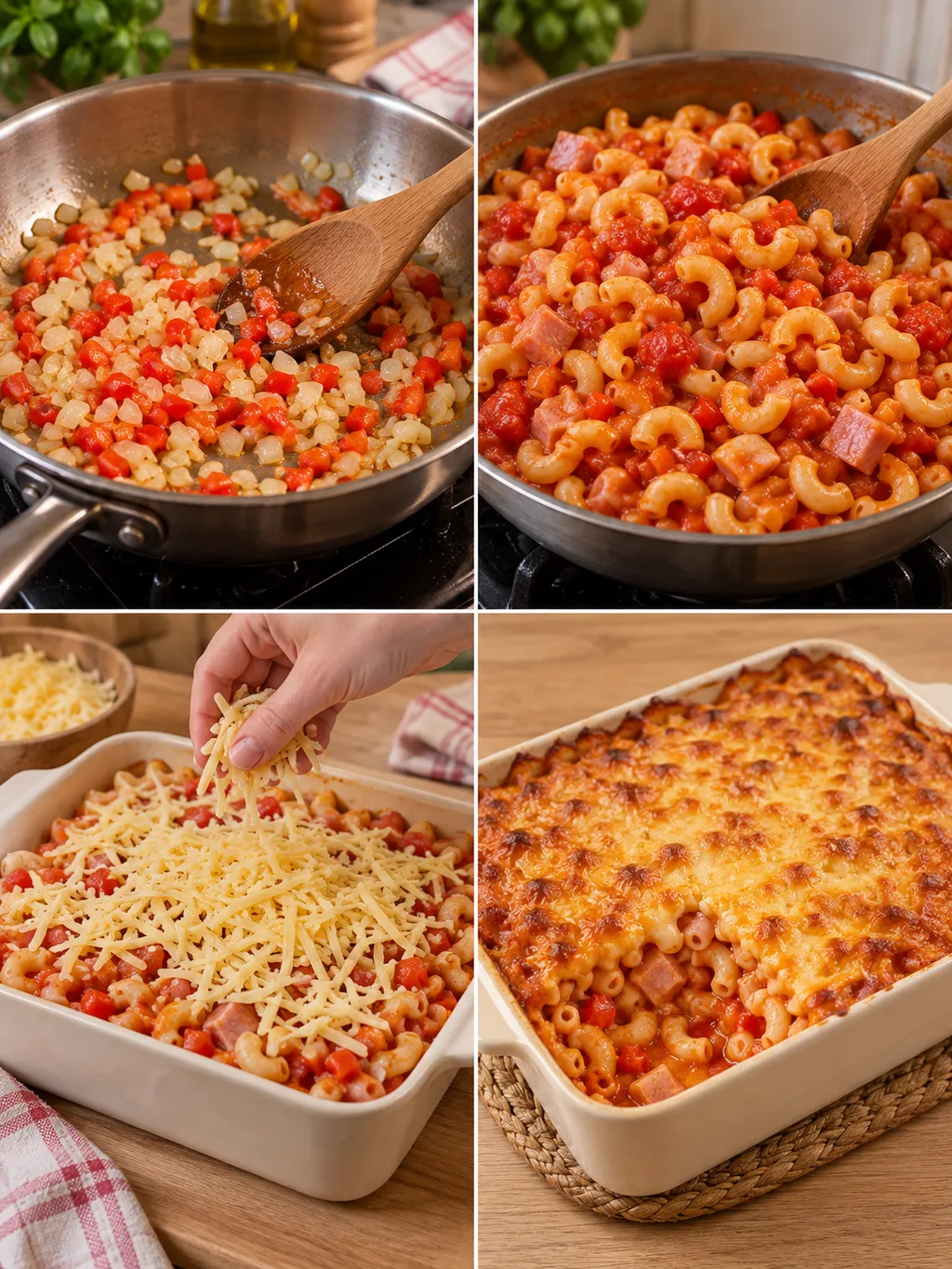 Groenten bakken, macaroni mengen, kaas verdelen en de afgebakken ovenschotel