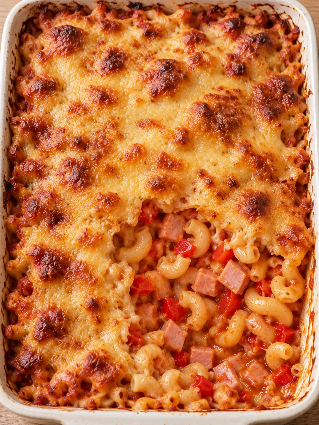Macaroni-ovenschotel met ham, rode tomatensaus en goudbruine belegen kaas