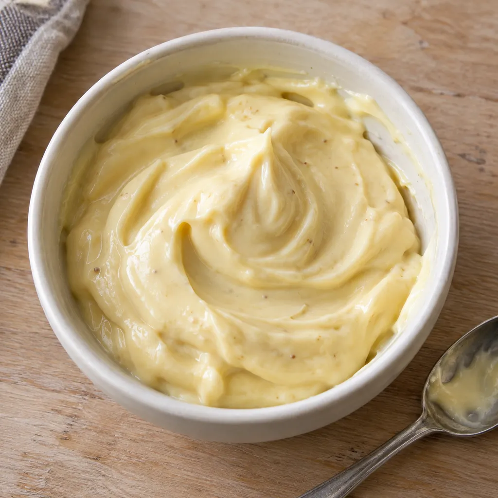 Zelfgemaakte mayonaise met zachte plooien in een ivoorwit kommetje