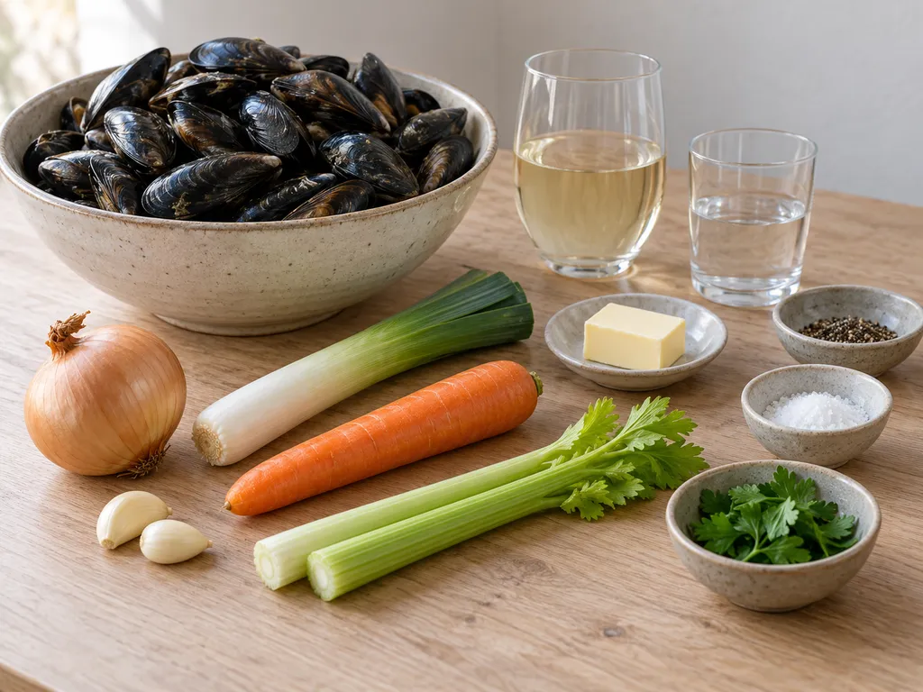 Mosselen, prei, wortel, bleekselderij, ui, boter, knoflook, witte wijn en peterselie