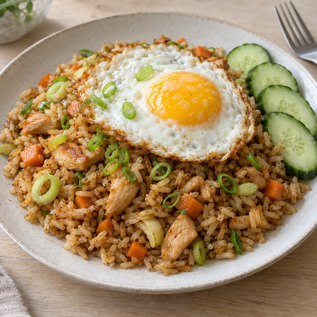 Nasi goreng met kip, een gebakken ei, komkommer en bosui