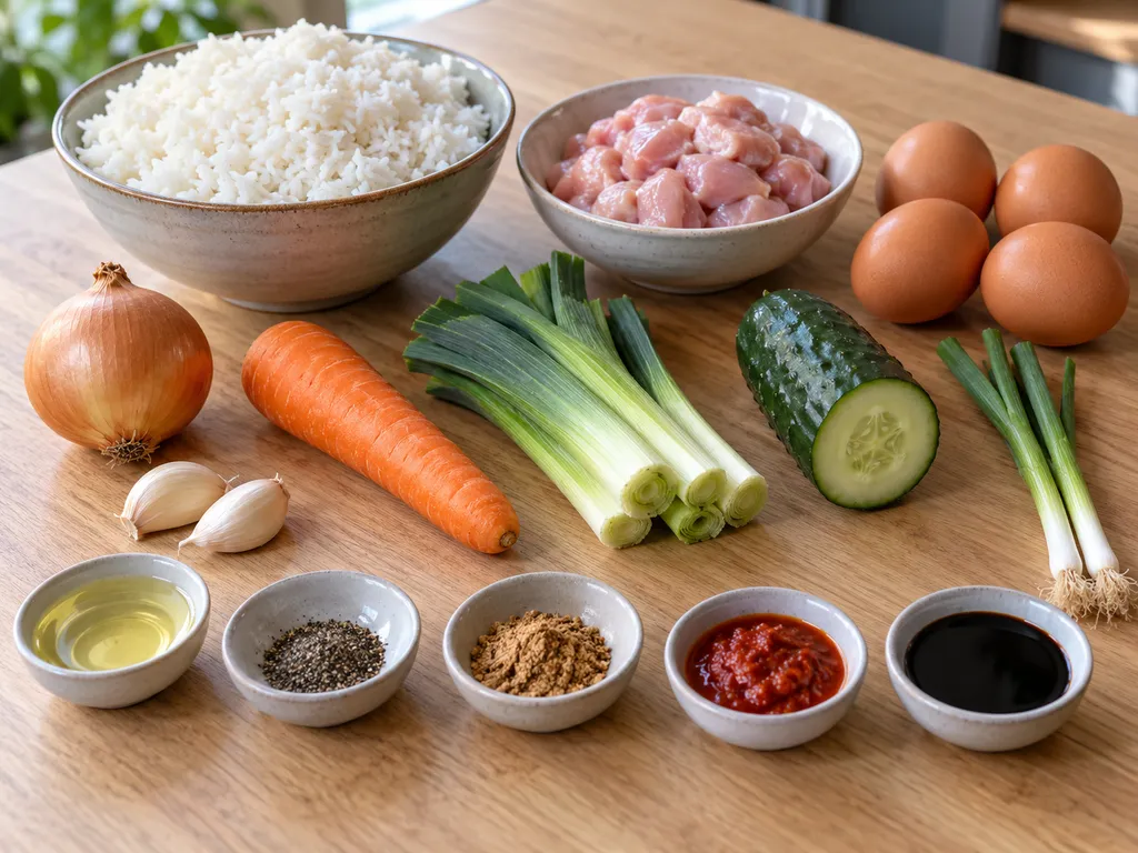 Rijst, kip, groenten, ketjap, kruiden en vier eieren voor nasi goreng