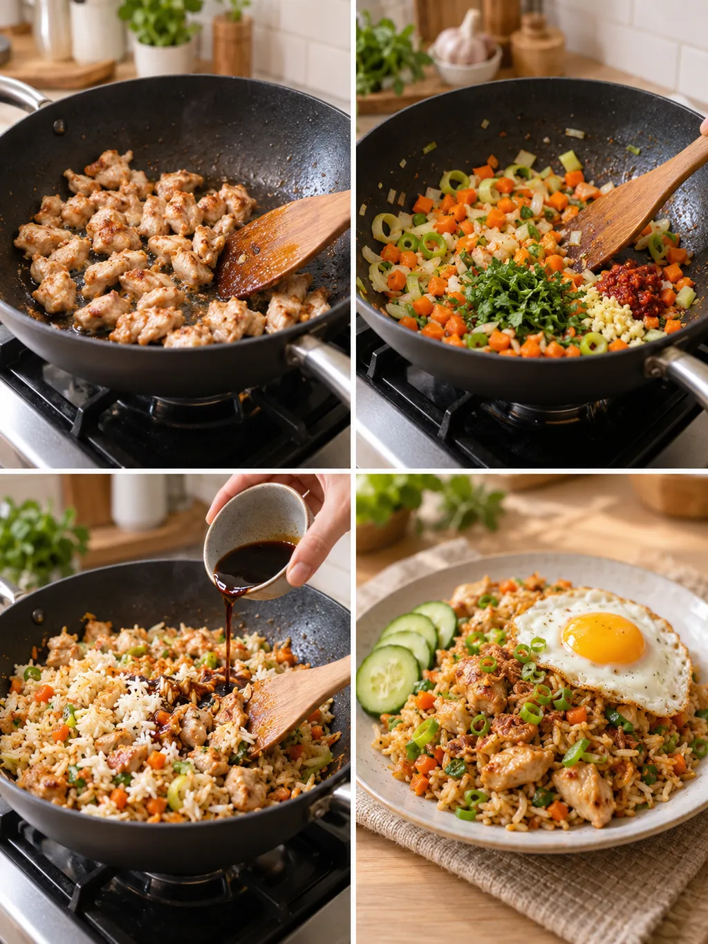 Kip en groenten bakken, rijst omscheppen en nasi serveren met een gebakken ei