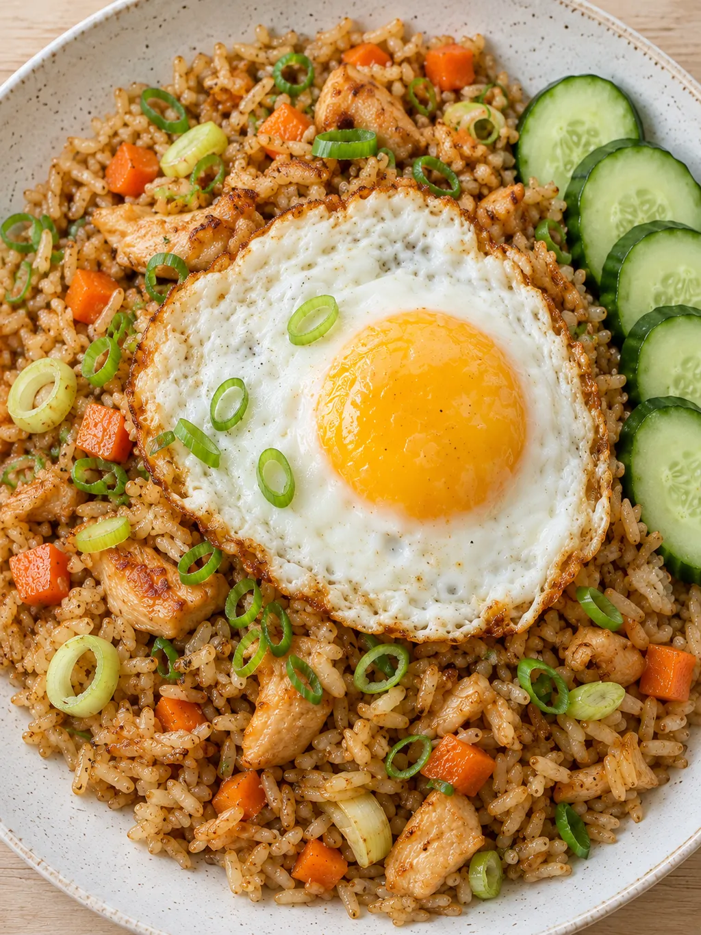 Lichtbruine nasi met kip, wortel, prei, een gebakken ei en komkommer
