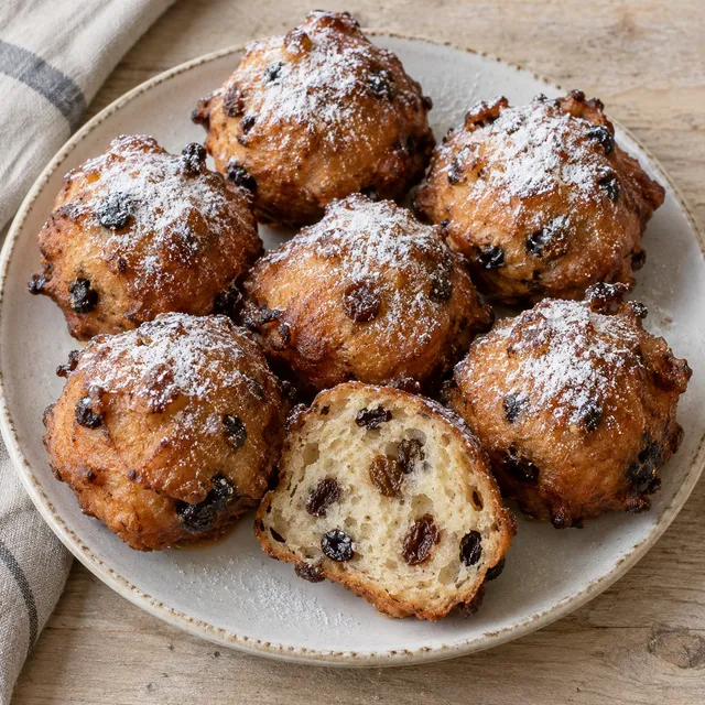 Goudbruine oliebollen met krenten, rozijnen en poedersuiker, met één opengesneden bol