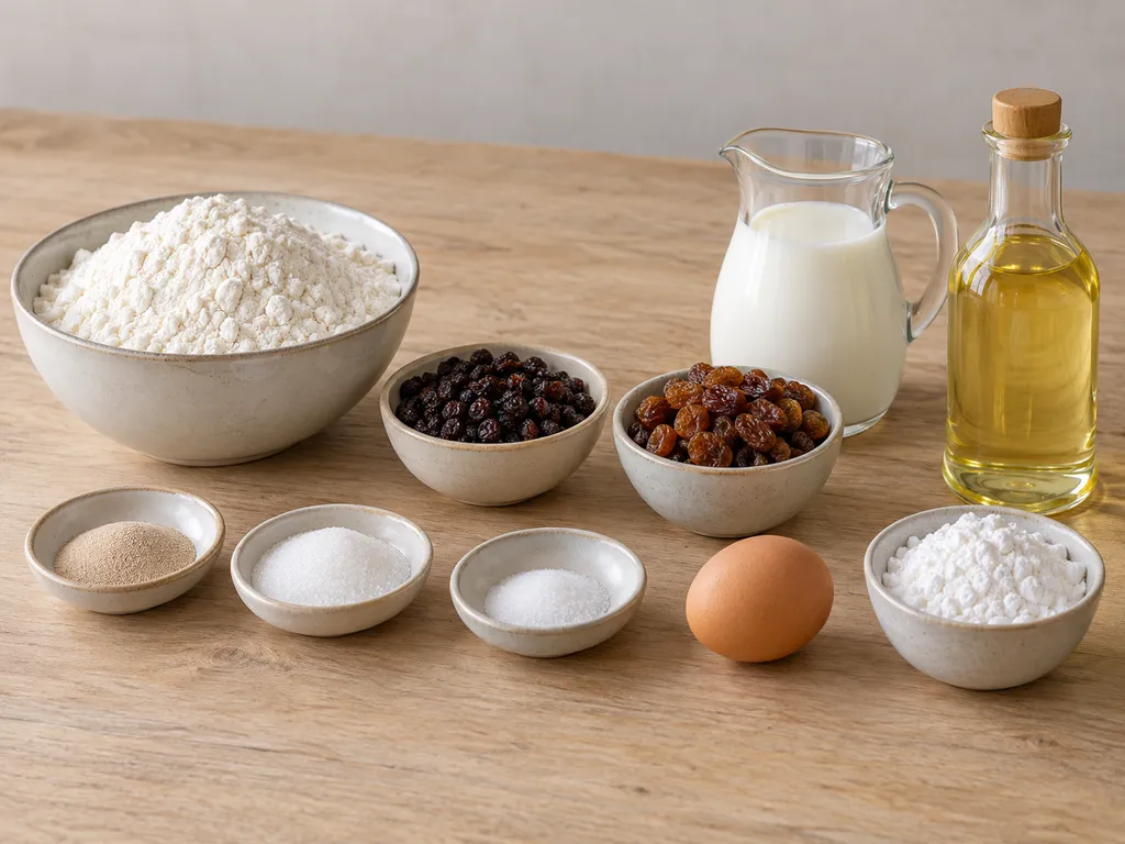 Bloem, gist, melk, ei, krenten, rozijnen, suiker, zout, olie en poedersuiker voor oliebollen