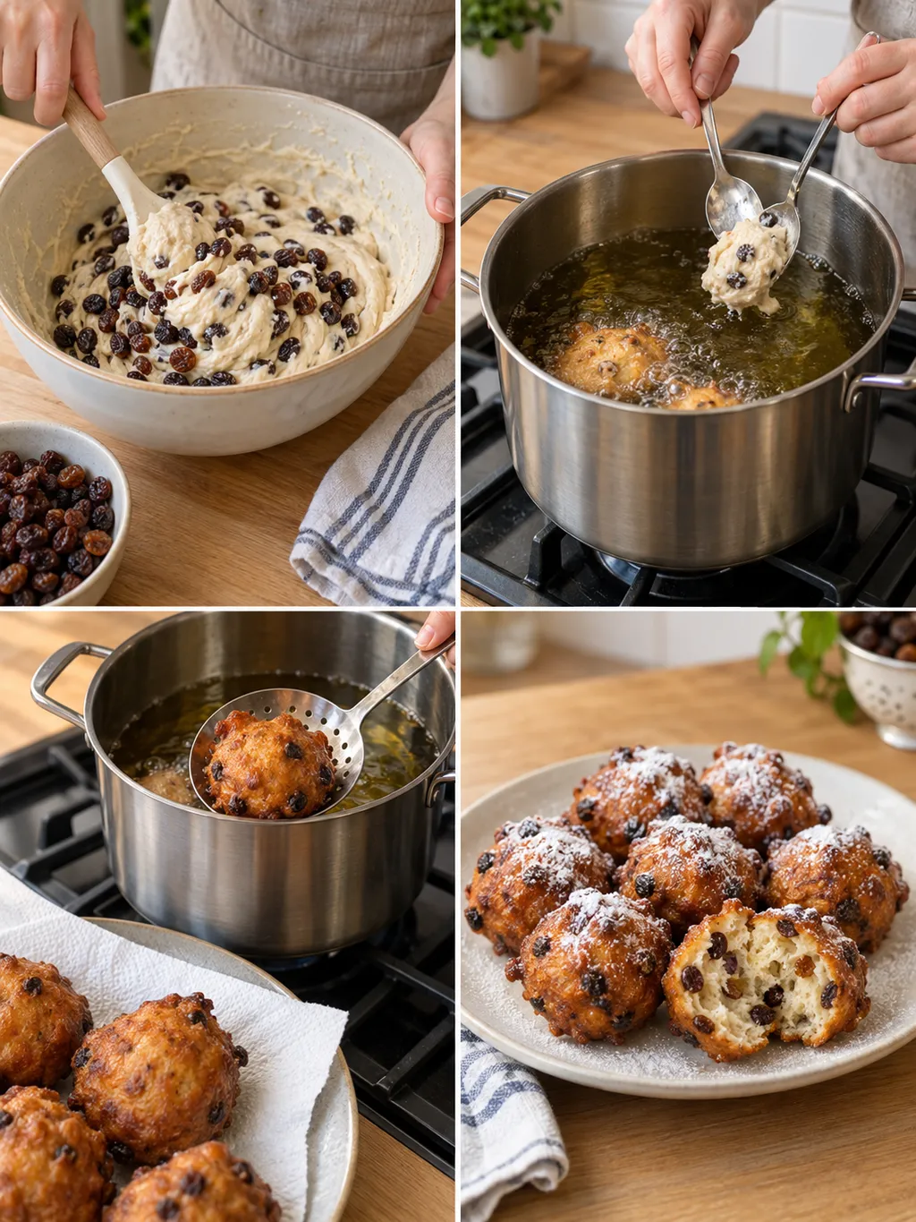 Oliebollenbeslag vullen, porties scheppen, oliebollen uitlekken en het gebakken resultaat