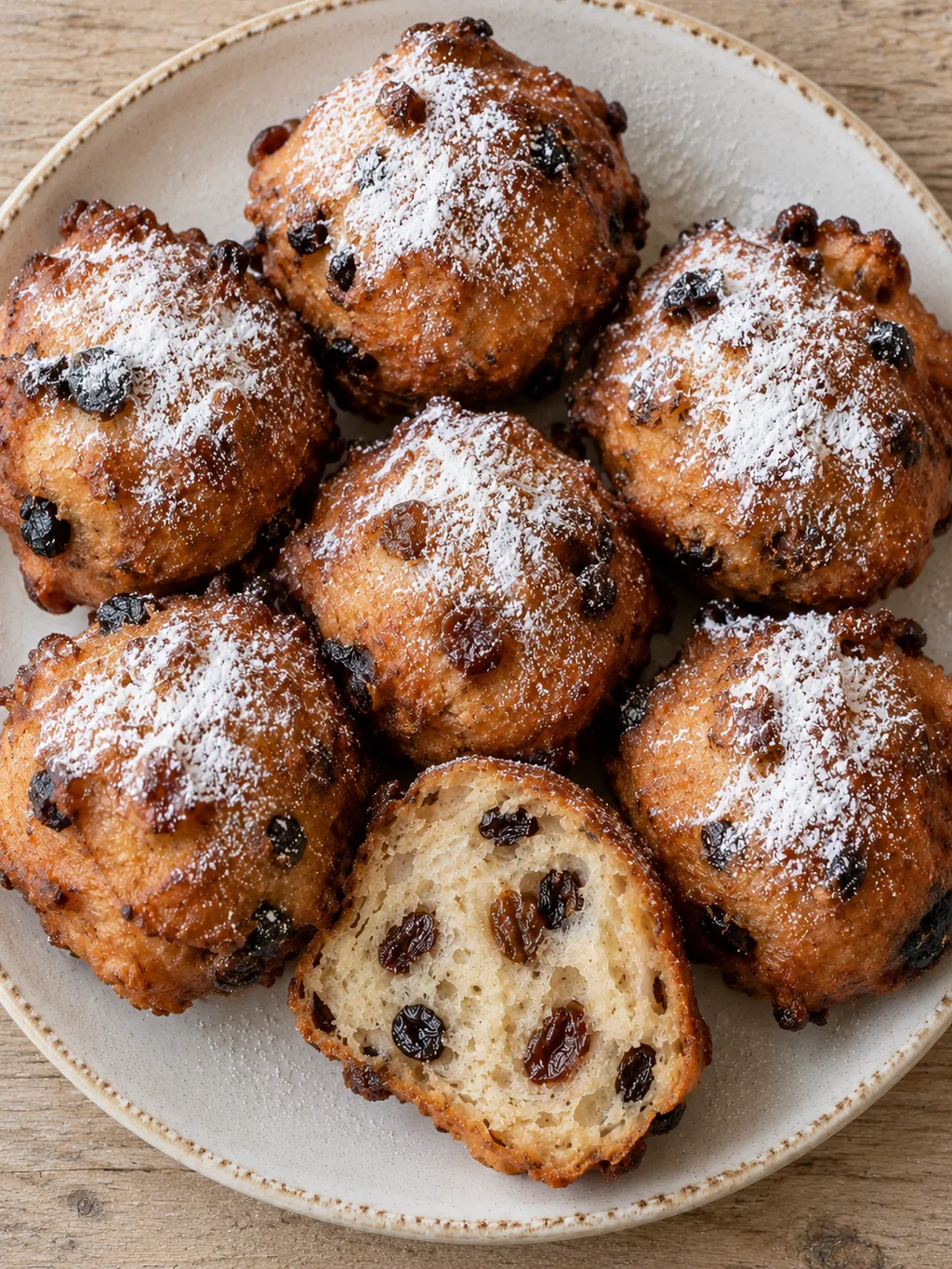 Oliebollen met poedersuiker en een open bol met luchtig kruim, krenten en rozijnen