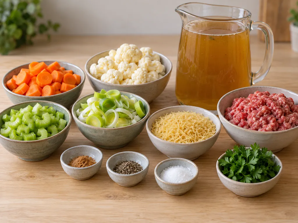 Wortel, prei, selderij, bloemkool, gehakt, bouillon, vermicelli en kruiden voor groentesoep