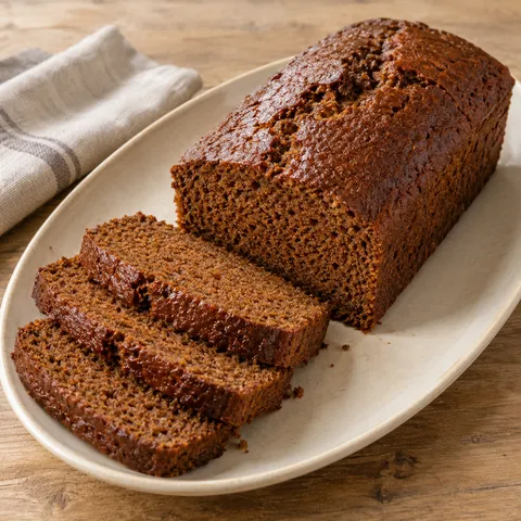 Donkerbruine ontbijtkoek met drie plakken en een fijne kruidige kruim