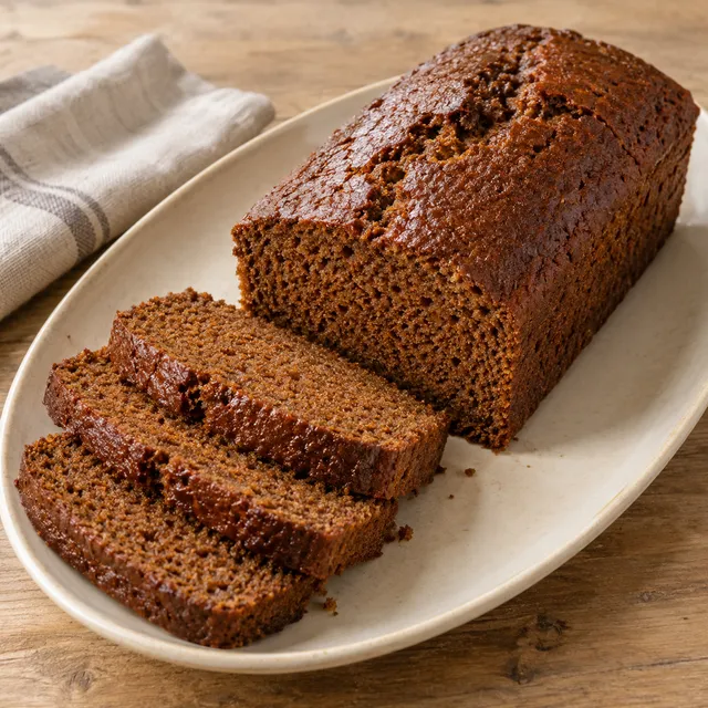 Donkerbruine ontbijtkoek met drie plakken en een fijne kruidige kruim