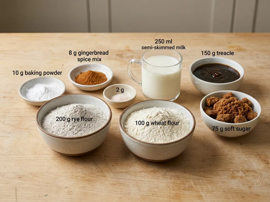 Roggemeel, bloem, melk, stroop, basterdsuiker, koekkruiden, bakpoeder en zout