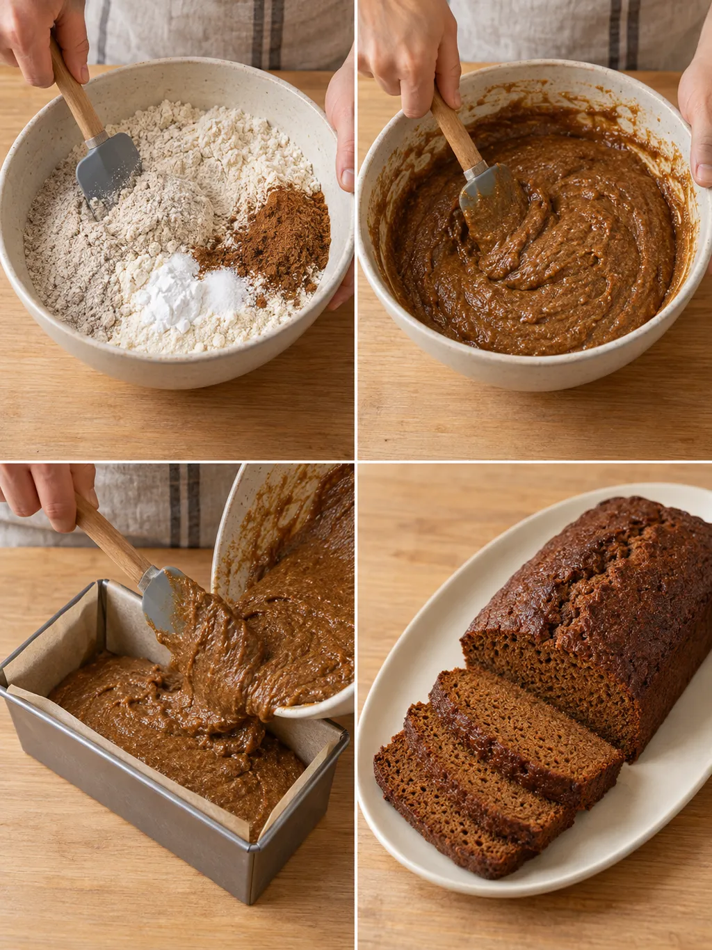 Ontbijtkoek maken van meel en stroop tot een gebakken koek met gesneden plakken