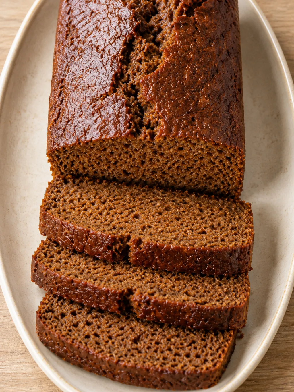 Zelfgebakken ontbijtkoek met overlappende plakken op een lichte schaal