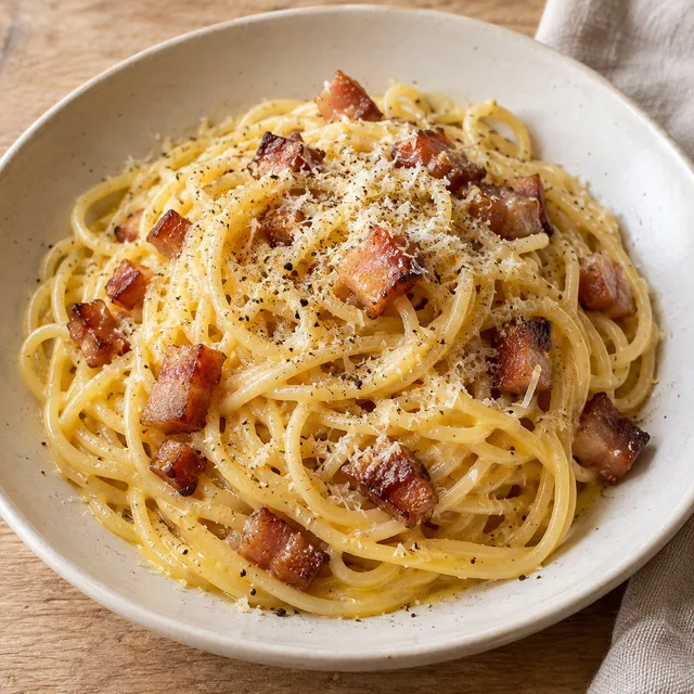 Spaghetti carbonara met zachte eisaus, goudbruine pancetta, pecorino en zwarte peper