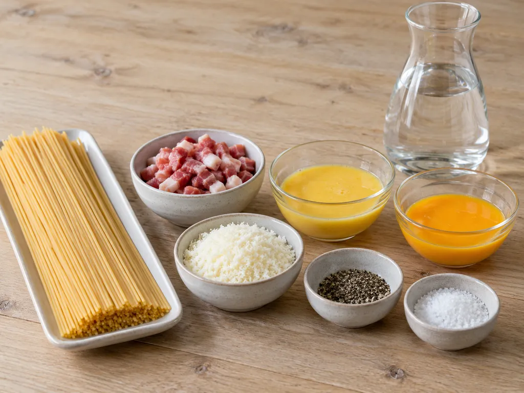 Spaghetti, pancetta, gepasteuriseerd ei, eidooier, pecorino, peper, zout en water