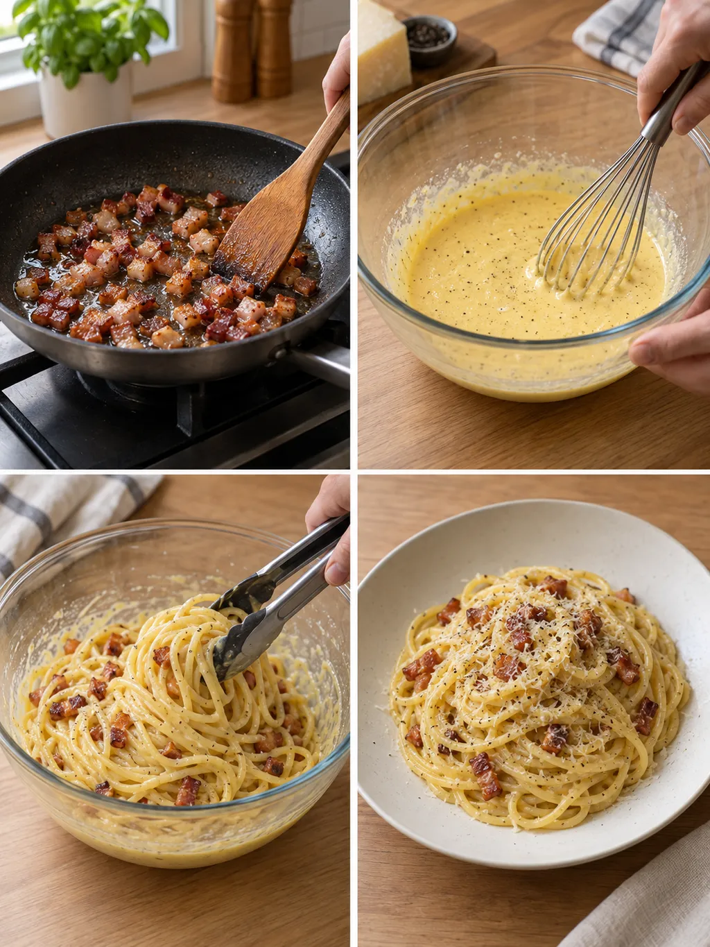 Pancetta bakken, eisaus kloppen, spaghetti mengen en afgewerkte carbonara op een bord