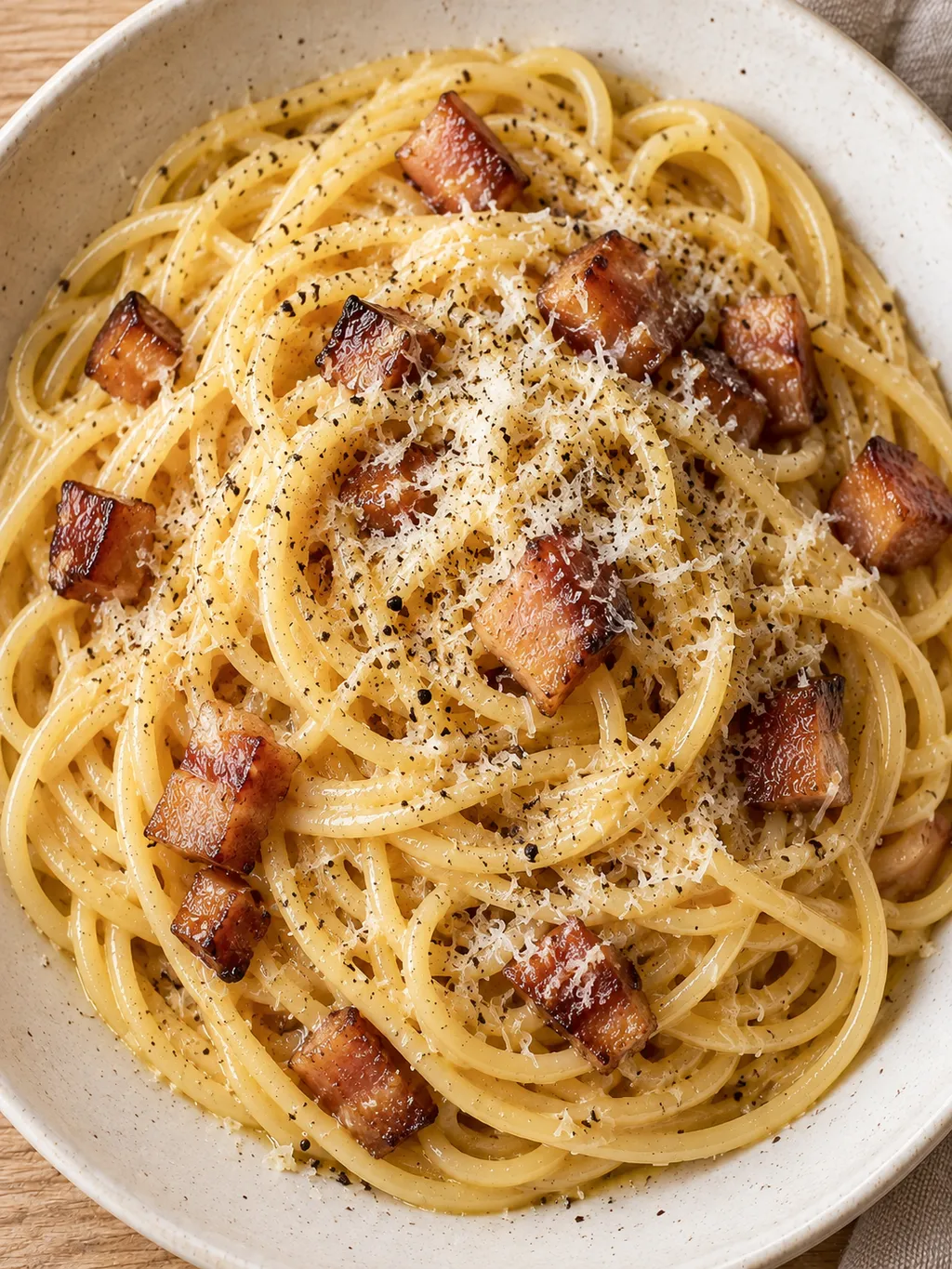 Spaghetti carbonara met glanzende eisaus, pancetta, pecorino en zwarte peper
